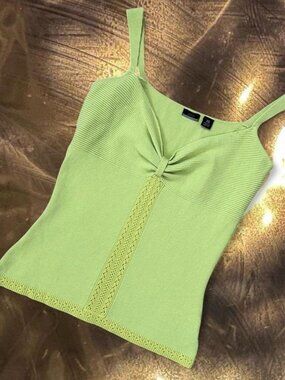 Lime Green Ribbed Y2K OLO Knit Tank Top 💚 crochet detailing & gathered bust